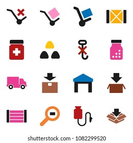 solid vector icon set - cereal vector, delivery, wood box, cargo, no trolley, hook, warehouse, package, search, pills bottle, drop counter