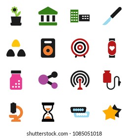solid vector icon set - cereal vector, school building, bank, target, sand clock, heart monitor, antenna, speaker, hdmi, scalpel, pills bottle, microscope, drop counter, share, flower in pot, star