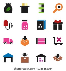 solid vector icon set - cereal vector, pasta, delivery, wood box, no trolley, warehouse, package, cargo search, pills bottle, drop counter, gift