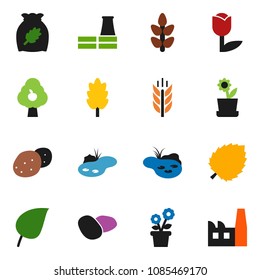 solid vector icon set - cereal vector, potato, leaf, cereals, tulip, pond, fruit tree, flower in pot, factory