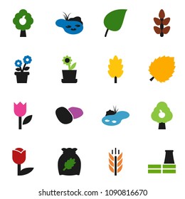 solid vector icon set - cereal vector, potato, leaf, cereals, tulip, pond, fruit tree, flower in pot, factory