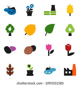 solid vector icon set - cereal vector, potato, leaf, cereals, tulip, pond, fruit tree, flower in pot, factory