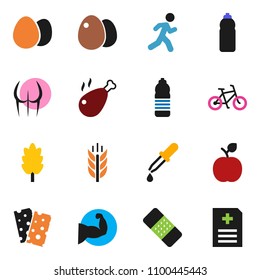 solid vector icon set - cereal vector, egg, chicken leg, apple fruit, bike, muscule hand, buttocks, water bottle, cereals, breads, run, dropper, patch, anamnesis