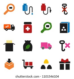solid vector icon set - cereal vector, pasta, delivery, cargo, no hook, package, search, pills bottle, drop counter, relocation truck, gift
