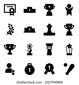 Solid vector icon set - certificate vector, pedestal, cup, success, golden branch, winner, win, gold, award, medal, baseball bat
