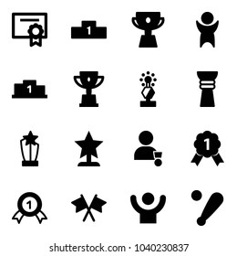 Solid vector icon set - certificate vector, pedestal, cup, success, win, award, winner, gold medal, flags cross, baseball bat