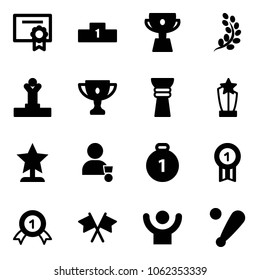 Solid vector icon set - certificate vector, pedestal, cup, golden branch, winner, gold, award, medal, flags cross, success, baseball bat