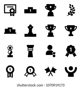 Solid vector icon set - certificate vector, pedestal, cup, golden branch, winner, win, gold, award, medal, flags cross, success