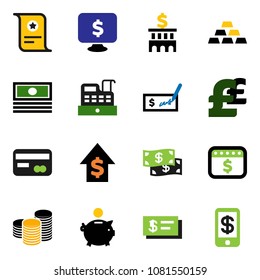 solid vector icon set - certificate vector, cash, piggy bank, dollar growth, coin stack, check, building, calendar, monitor, pound, gold ingot, credit card, cashbox, tap pay