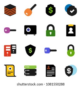 solid vector icon set - certificate vector, personal information, dollar shield, safe, protected, big data, server, lock, key