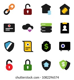 solid vector icon set - certificate vector, personal information, dollar shield, safe, link, cloud, big data, unlock, smart home, protect, lock