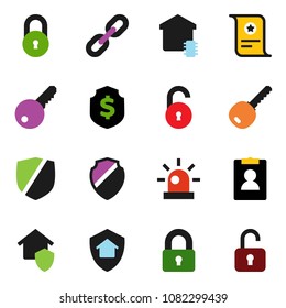 solid vector icon set - certificate vector, personal information, dollar shield, protected, chain, lock, unlock, siren, key, smart home, protect