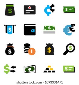 solid vector icon set - certificate vector, exchange, wallet, cash, money bag, coin stack, search, dollar flag, euro sign, cent, gold ingot, check
