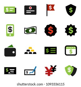 solid vector icon set - certificate vector, cash, check, receipt, dollar medal, flag, shield, calendar, yen sign, gold ingot, wallet, tap pay