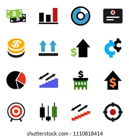 solid vector icon set - certificate vector, graph, pie, japanese candle, dollar growth, bank building, cent sign, target, stairways run, top, coin, cash