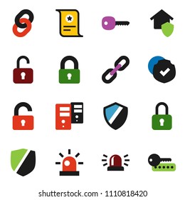 solid vector icon set - certificate vector, protected, server, shield, chain, key, siren, lock, unlock, home protect, password