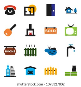 solid vector icon set - chalet vector, pond, water supply, garage, fence, plan, rooms signboard, sold, office building, key, fireplace, heating, fridge, tv, phone, factory