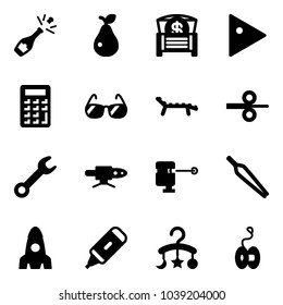 Solid Vector Icon Set - Champagne Vector, Pear, Money Chest, Play, Calculator, Sunglasses, Lounger, Steel Rolling, Wrench, Pipe Welding, Laser Lever, Forceps, Rocket, Marker, Baby Carousel, Yoyo