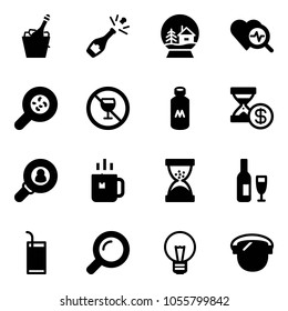 Solid vector icon set - champagne vector, snowball house, heart diagnosis, bacteria, no alcohol sign, milk, account history, head hunter, green tea, sand clock, wine, drink, magnifier, bulb