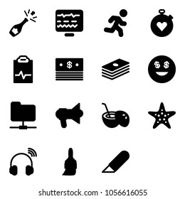 Solid vector icon set - champagne vector, diagnostic monitor, run, stopwatch heart, pulse clipboard, dollar, smile, network folder, megaphone, coconut cocktail, starfish, wireless headphones, brush
