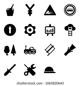 Solid vector icon set - champagne vector, yen, gravel road sign, no bus, only forward, gear, presentation chart, cloud ladder, forest, moon rover, bucksaw, dowel, clinch, wrench screwdriver