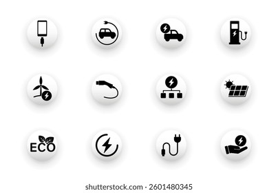 Solid vector icon set with charging, electric car, green energy, phone charging icons.