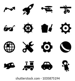 Solid vector icon set - chart point arrow vector, rocket, helicopter, opening, sunglasses, hand wheel, bucket scoop, gear, globe, wrench screwdriver, ball, plane toy, train, car, doll