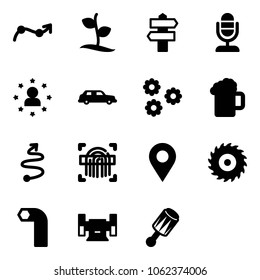 Solid vector icon set - chart point arrow vector, sproute, signpost, microphone, star man, limousine, flower, beer, trip, fingerprint scanner, navigation pin, saw disk, allen key, sharpening