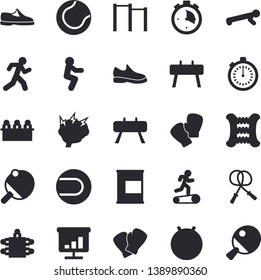 Solid vector icon set - chart flat vector, meeting, brainstorm, sneakers, stopwatch, skipping rope, carpal expander, parallel bars, sports equipment horse, tennis ball, fitball, boxing gloves, run