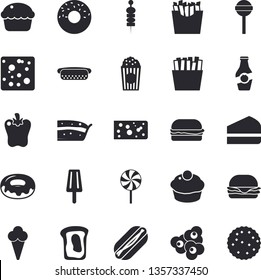 Solid vector icon set - cheese flat vector, hamburger, hot dog, cupcake, piece of cake, donut, lollipop, bell pepper, French fries, popcorn, ice cream, canape, ketchup, sandwich, biscuit