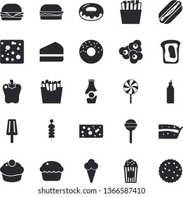 Solid vector icon set - cheese flat vector, hamburger, hot dog, cupcake, piece of cake, donut, lollipop, bell pepper, French fries, popcorn, ice cream, canape, mustard, ketchup, sandwich, biscuit