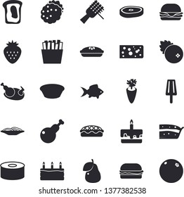 Solid vector icon set - cheese flat vector, canned food, spaghetti on a fork, hamburger, piece of cake, soup, pie, chicken, chop, carrot, French fries, fish, ice cream, cranberry, Strawberry, pear