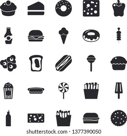 Solid vector icon set - cheese flat vector, hamburger, hot dog, cupcake, piece of cake, donut, lollipop, bell pepper, French fries, popcorn, ice cream, canape, mustard, ketchup, sandwich, biscuit