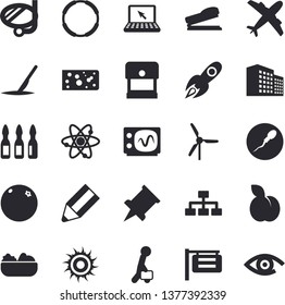 Solid vector icon set - cheese flat vector, salad, plum, orange, signboard, rocket, ampoule, scalpel, sperm, office building, pencil, laptop, businessman, stapler, atom, oscilloscope, pushpin, hoop
