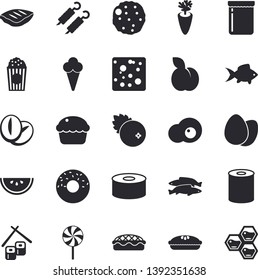 Solid vector icon set - cheese flat vector, egg, canned food, watermelon, cupcake, donut, pie, chop, shashlik, cutlet, lollipop, coffee beans, carrot, fish rolls, popcorn, ice cream, scrambled eggs