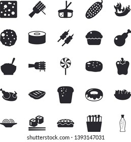 Solid vector icon set - cheese flat vector, bread, canned food, spaghetti on a fork, cupcake, donut, salad, porridge, pie, chicken, chop, shashlik, cutlet, lollipop, bell pepper, hot peppers