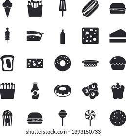 Solid vector icon set - cheese flat vector, hamburger, hot dog, cupcake, piece of cake, donut, lollipop, bell pepper, French fries, popcorn, ice cream, canape, mustard, ketchup, sandwich, biscuit
