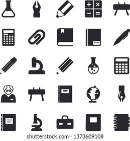 Solid vector icon set - chemistry flat vector, calculator, microscope, briefcase, notebook, ink pen, pencil, globe, textbook, scientist, sports equipment horse, clip
