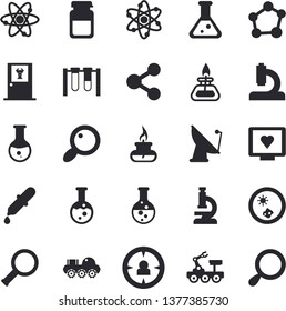 Solid vector icon set - chemistry flat vector, satellite antenna, magnifier, target audience, molecules, pipette, computer diagnostics of health, microscope, medical analysis, flask, molecule, atom