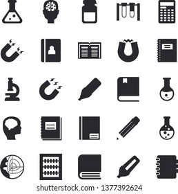 Solid vector icon set - chemistry flat vector, magnet, marker, medical analysis, notebook, abacus, book, flask, microscope, pencil, textbook, beakers, calculator, brain fector, core of the earth