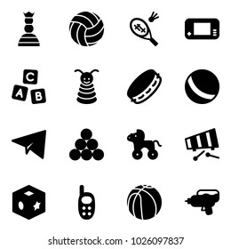Solid vector icon set - chess queen vector, volleyball, badminton, game console, abc cube, pyramid toy, tambourine, ball, paper plane, billiards balls, wheel horse, xylophone, phone, basketball