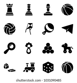 Solid vector icon set - chess tower vector, queen, pawn, ball, volleyball, kite, beanbag, paper plane, billiards balls, wheel horse, constructor blocks, toy train, bones, basketball