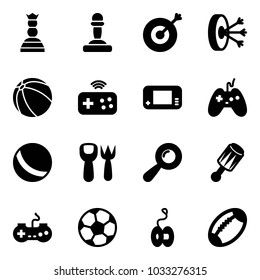 Solid vector icon set - chess queen vector, pawn, target, solution, ball, joystick wireless, game console, shovel fork toy, beanbag, gamepad, soccer, yoyo, football