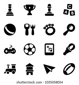 Solid vector icon set - chess queen vector, gold cup, pawn, abc cube, ball, shovel fork toy, beanbag, gamepad, soccer, game console, train, block house, paper plane, football