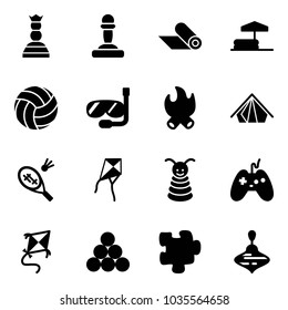 Solid vector icon set - chess queen vector, pawn, mat, inflatable pool, volleyball, diving, fire, tent, badminton, kite, pyramid toy, joystick, billiards balls, puzzle, wirligig