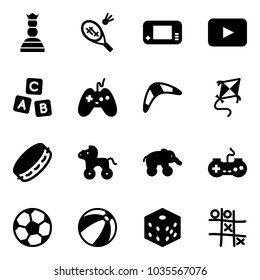 Solid vector icon set - chess queen vector, badminton, game console, playback, abc cube, joystick, boomerang, kite, tambourine, wheel horse, elephant, gamepad, soccer ball, beach, bones, Tic tac toe