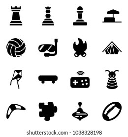 Solid vector icon set - chess tower vector, queen, pawn, inflatable pool, volleyball, diving, fire, tent, kite, skateboard, joystick wireless, pyramid toy, boomerang, puzzle, wirligig, football