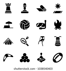 Solid vector icon set - chess tower vector, pawn, mat, inflatable pool, volleyball, diving, fire, tent, badminton, kite, pyramid toy, boomerang, billiards balls, wirligig, football