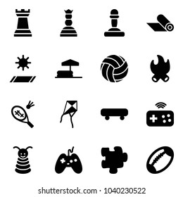 Solid vector icon set - chess tower vector, queen, pawn, mat, inflatable pool, volleyball, fire, badminton, kite, skateboard, joystick wireless, pyramid toy, puzzle, football