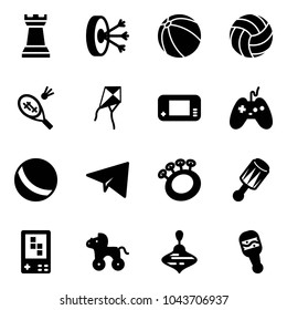 Solid vector icon set - chess tower vector, solution, ball, volleyball, badminton, kite, game console, joystick, paper plane, beanbag, wheel horse, wirligig toy